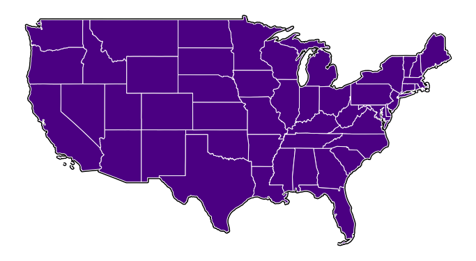 Map showing USA boundary and states with custom colors.