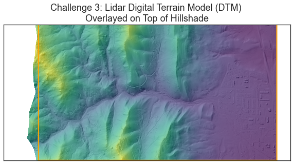 Plot of a Lidar Digital Terrain Model overlayed on top of a hillshade. In this plot the site boundary is also overlayed. Your challenge 3 plot should look something like this one.