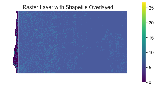 Canopy height model with the crop shapefile overlayed. Note this image is just an illustration of what the two layers look like together. Below you will learn how to import the data and mask it rather than using the .read() method.