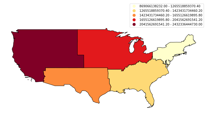 In addition to dissolving the boundaries between polygons based on an attribute label, you can also summarize the other attributes, such as calculating the sum of the land area, using the new polygon boundaries. You can also make a quantile map of the aggregated data, as shown in this example.