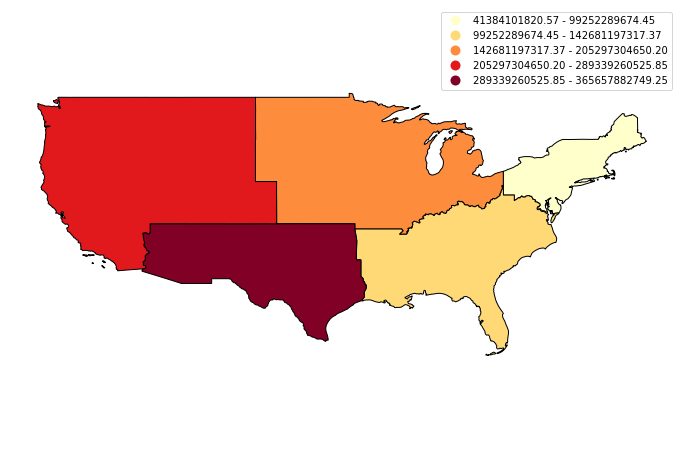 In addition to dissolving the boundaries between polygons based on an attribute label, you can also summarize the other attributes, such as calculating the means of the areas of land and water, using the new polygon boundaries. You can also make quantile maps of the aggregated data, as shown in these examples.