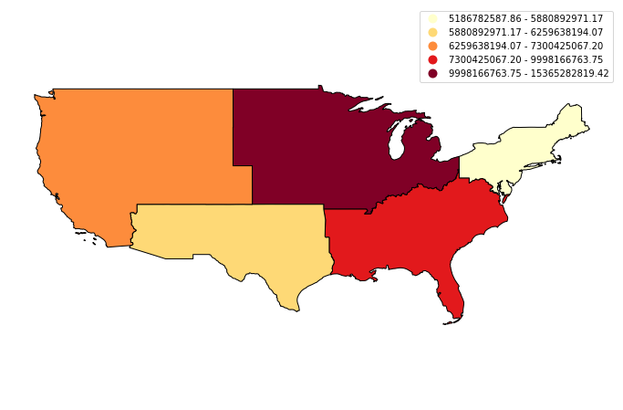 In addition to dissolving the boundaries between polygons based on an attribute label, you can also summarize the other attributes, such as calculating the means of the areas of land and water, using the new polygon boundaries. You can also make quantile maps of the aggregated data, as shown in these examples.