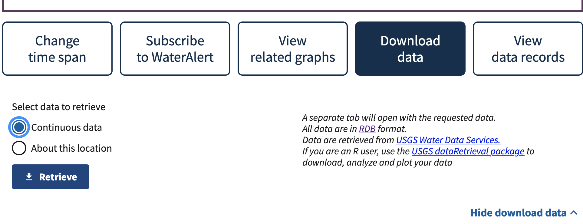 Click the Download Data button on the USGS site page, select Continuous Data, and then click the Retrieve button.