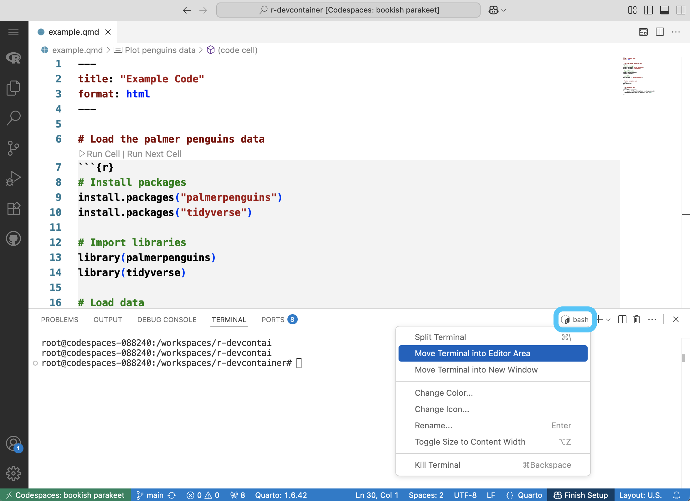Click on the R Interactive menu and select View Terminal In Editor to make it into a tab rather than a panel.